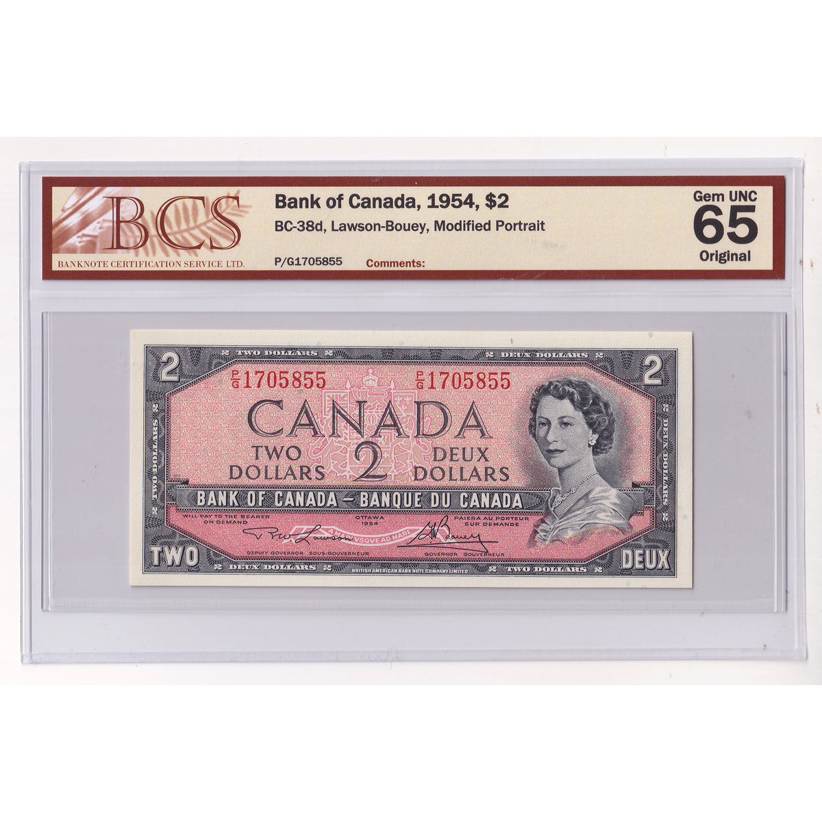 BC-38d 1954 Canada $2 Lawson-Bouey, Modified Portrait, P/G BCS Certified GUNC65 Original