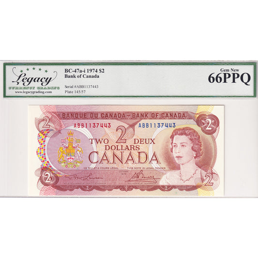 BC-47a-i 1974 Canada $2 Lawson-Bouey, Three Letter, ABB Legacy Certified GUNC-66 PPQ