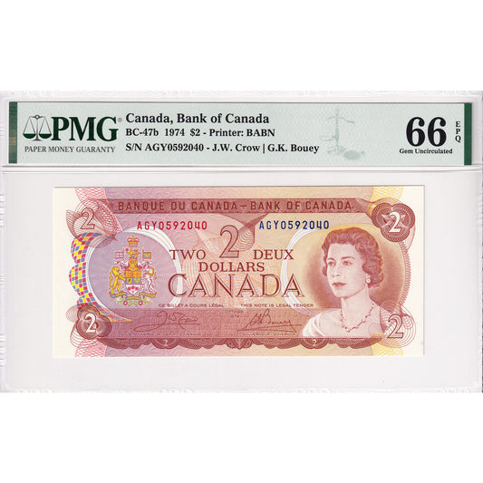 BC-47b 1974 Canada $2 Crow-Bouey, AGY PMG Certified GUNC-66 EPQ