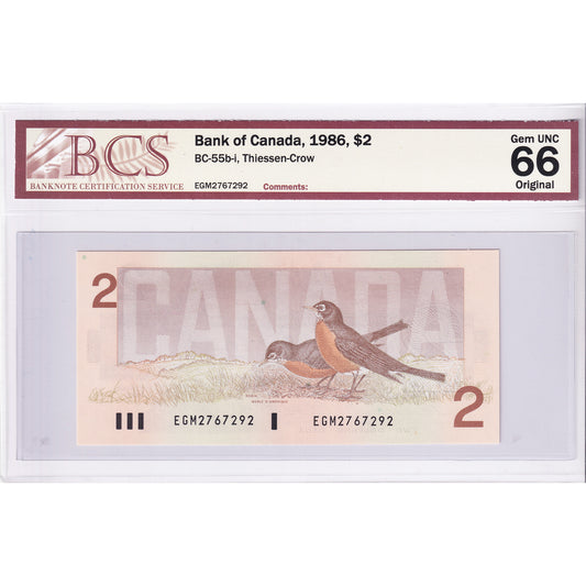 BC-55b-i 1986 Canada $2 Thiessen-Crow, EGM BCS Certified GUNC-66 Original