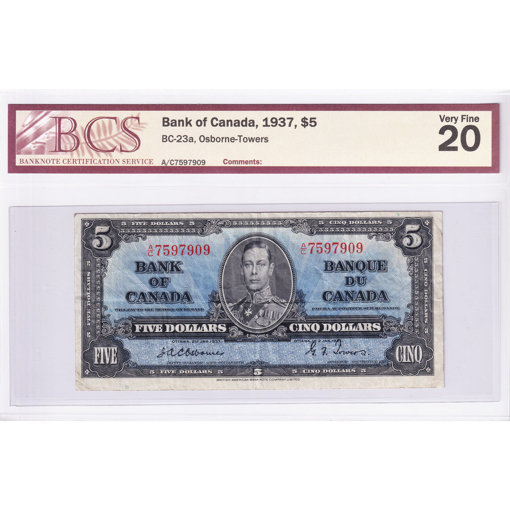 BC-23a 1937 Canada $5 Osborne-Towers, A/C BCS Certified VF20