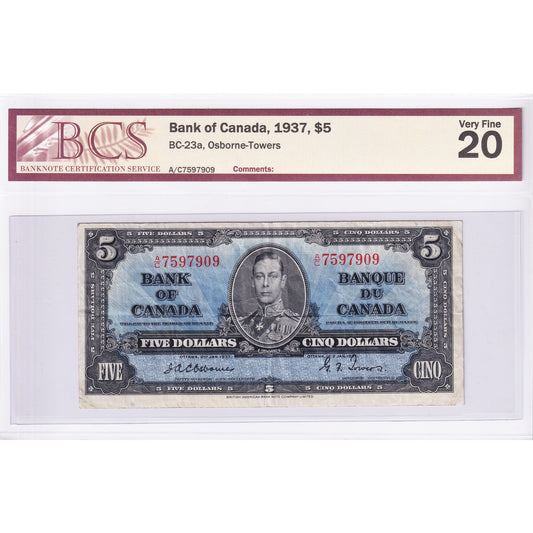BC-23a 1937 Canada $5 Osborne-Towers, A/C BCS Certified VF-20
