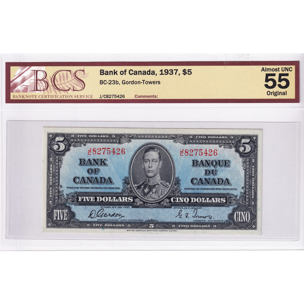 BC-23b 1937 Canada $5 Gordon-Towers, J/C BCS Certified AU55 Original