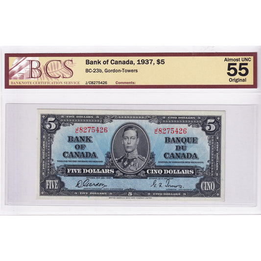 BC-23b 1937 Canada $5 Gordon-Towers, J/C BCS Certified AU-55 Original