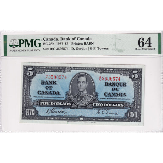 BC-23b 1937 Canada $5 Gordon-Towers, R/C PMG Certified CUNC-64