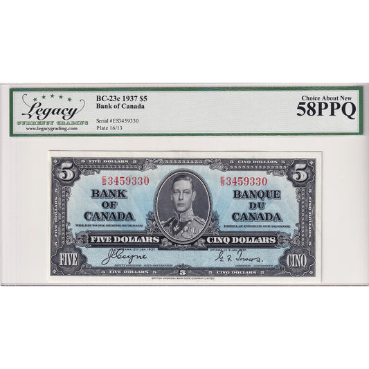 BC-23c 1937 Canada $5 Coyne-Towers, E/S Legacy Certified AU-58 PPQ