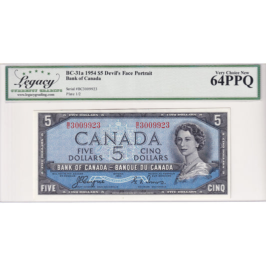 BC-31a 1954 Canada $5 Coyne-Towers, Devil's Face, B/C Legacy Certified CUNC-64 PPQ