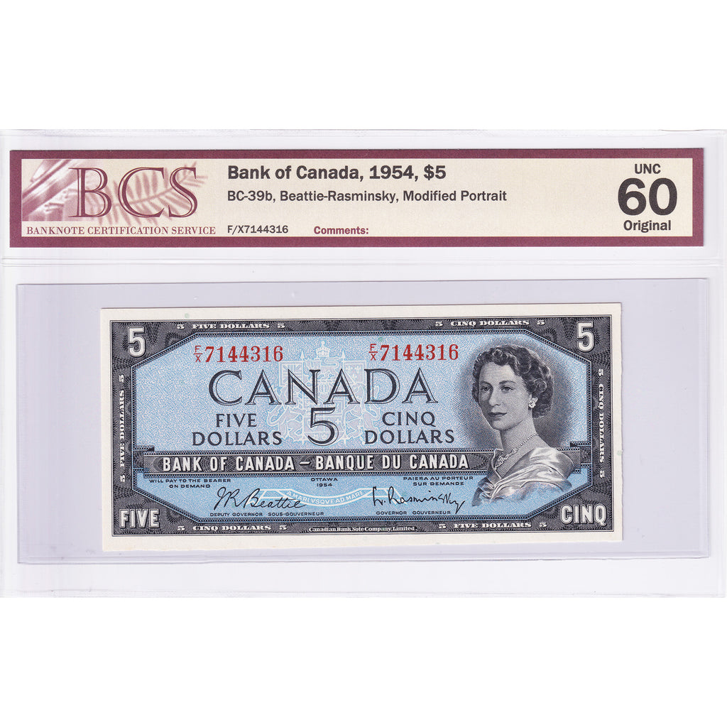 CPM-39b 1954 Canada $5 Beattie-Rasminsky, Modified, F/X BCS Certified UNC-60 Original