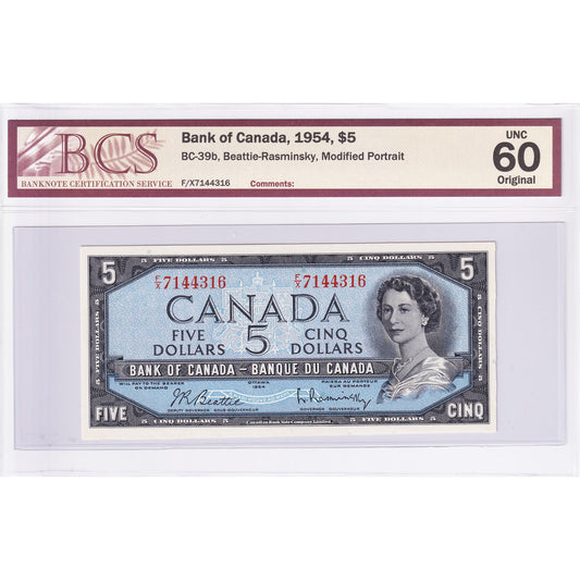 CPM-39b 1954 Canada $5 Beattie-Rasminsky, Modified, F/X BCS Certified UNC-60 Original
