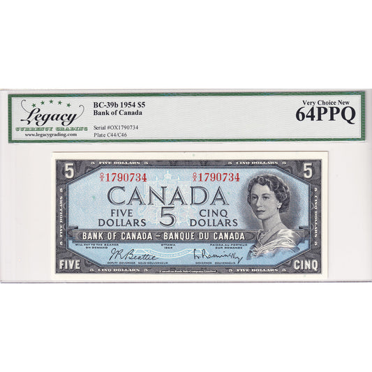 BC-39b 1954 Canada $5 Beattie-Rasminsky, Modified Portrait, O/X BCS Certified CUNC-64 PPQ