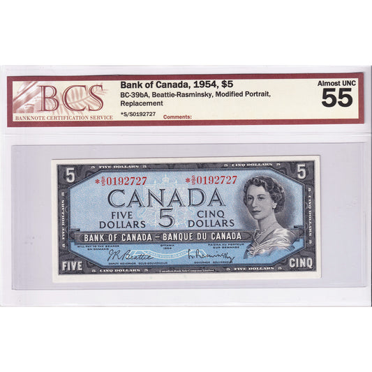 BC-39bA 1954 Canada $5 B-R, Modified Portrait, Replacement, *S/S BCS Certified AU-55