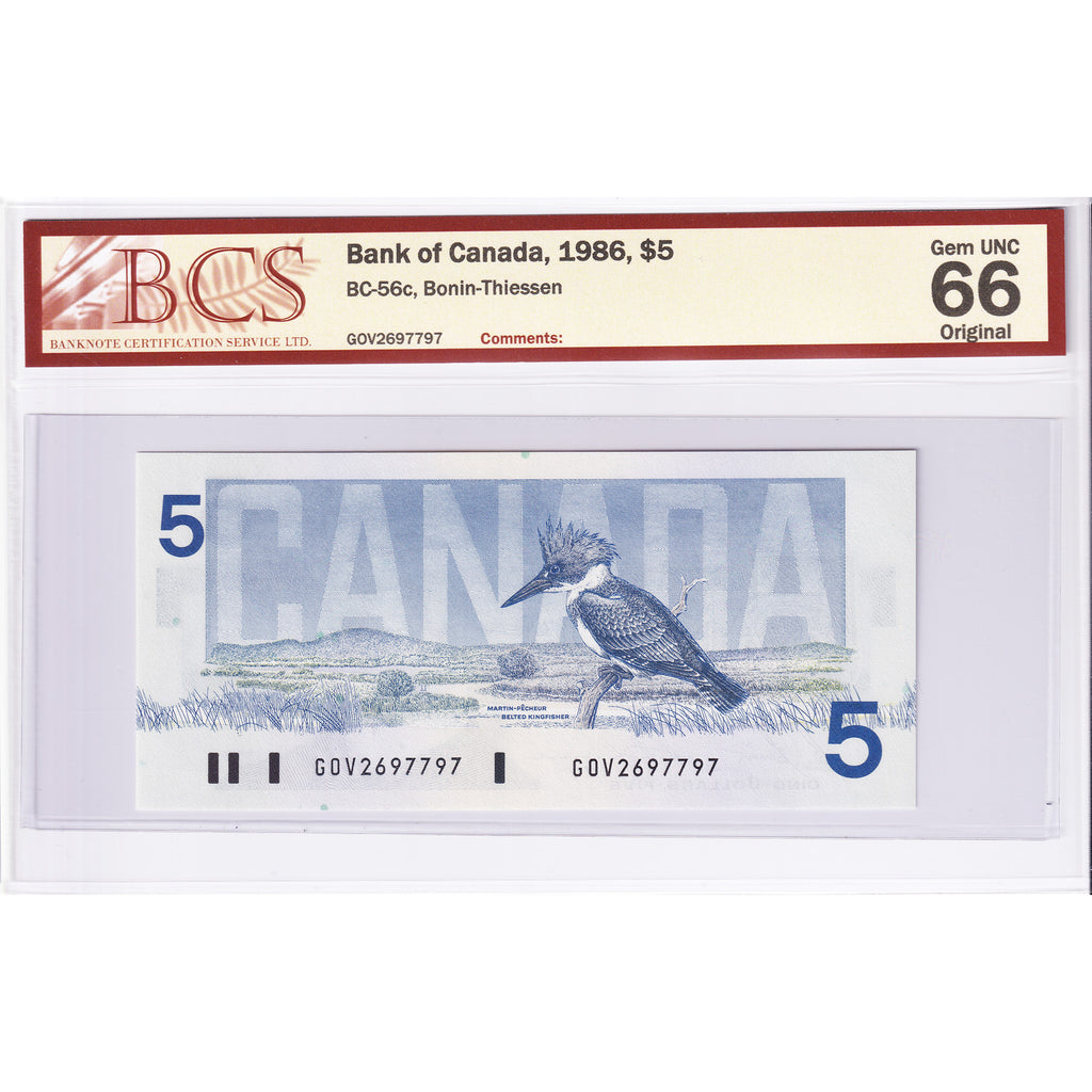 BC-56c 1986 Canada $5 Bonin-Thiessen, GOV BCS Certified GUNC66 Original