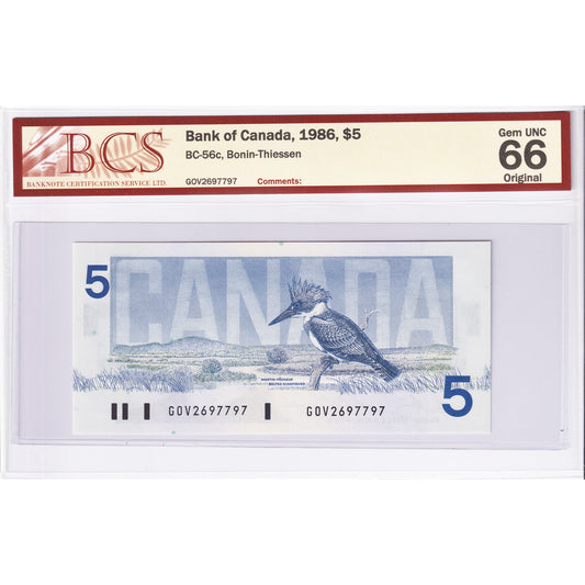 BC-56c 1986 Canada $5 Bonin-Thiessen, GOV BCS Certified GUNC66 Original