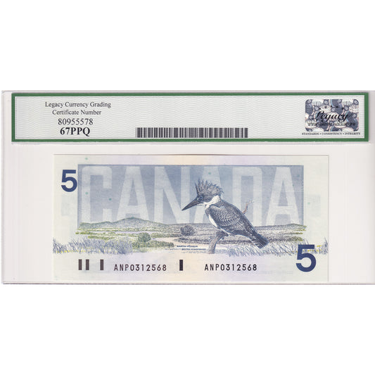 BC-56d 1986 Canada $5 Knight-Thiessen, Changeover, ANP Legacy Certified GUNC-67 PPQ