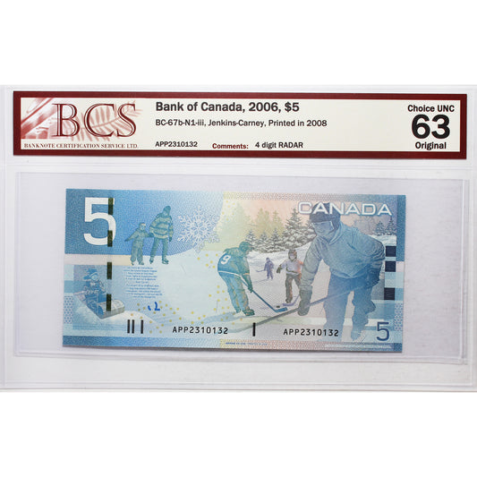 BC-67b-N1-iii 2006 Canada $5 J-C, 2008, RADAR APP2310132 BCS Certified CUNC63 Original