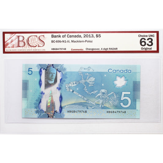 BC-69b-N1-iii 2013 Canada $5 M-P, 4 Digit RADAR HBG8479748 BCS Certified CUNC-63 Original