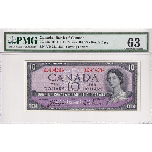 BC-32a 1954 Canada $10 Coyne-Towers, Devil's Face, A/D PMG Certified CUNC-63