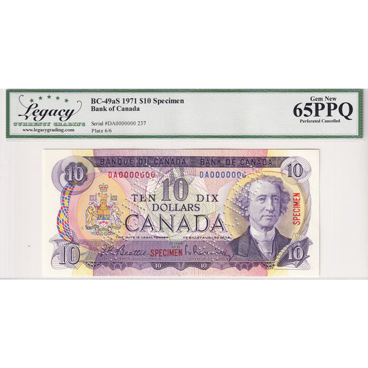 BC-49aS 1971 Canada $10 Beattie-Rasminsky, Specimen 237, DA Legacy Certified CUNC-65 PPQ