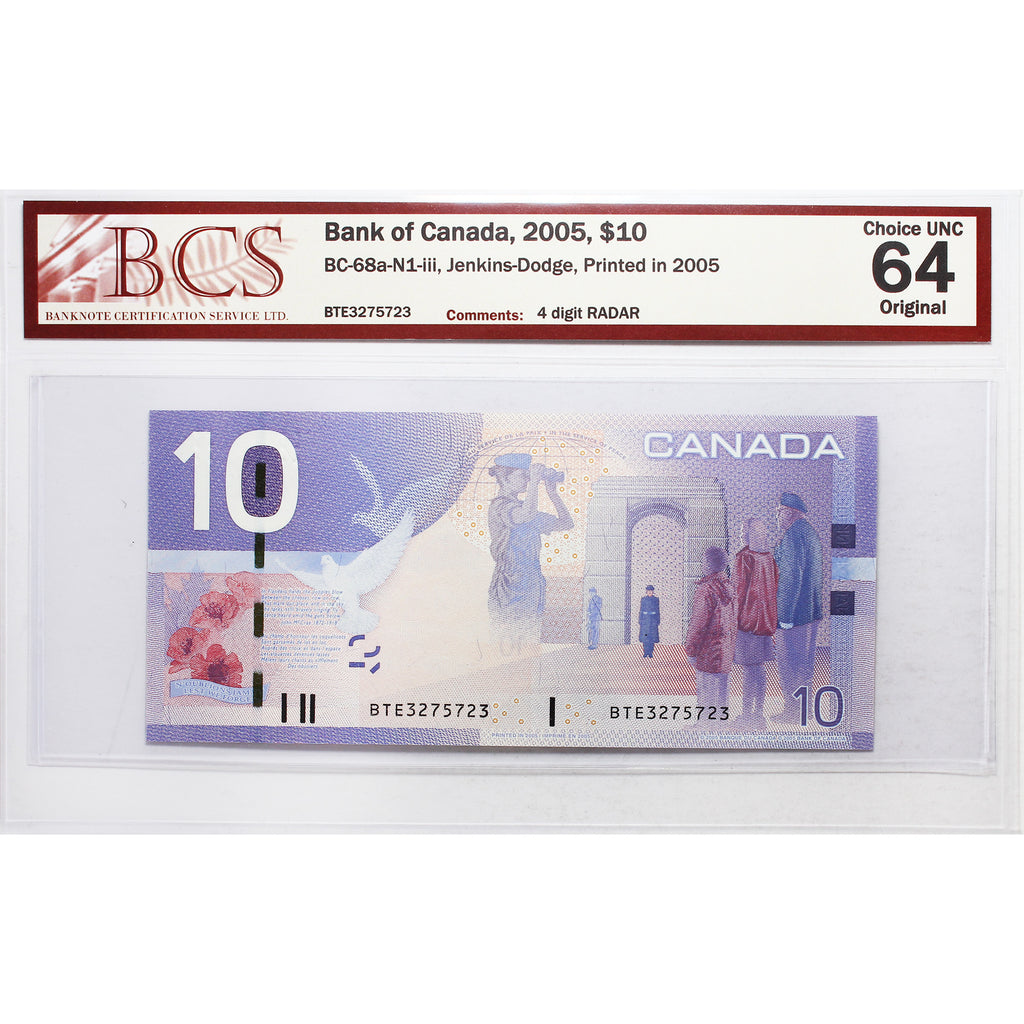 BC-68a-N1-iii 2005 Canada $10 J-D, 2005, RADAR BTE3275723 BCS Certified CUNC64 Original