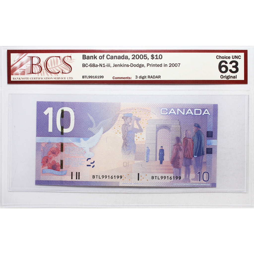 BC-68a-N1-iii 2005 Canada $10 J-D, 2007, RADAR, BTL9916199 BCS Certified CUNC63 Original