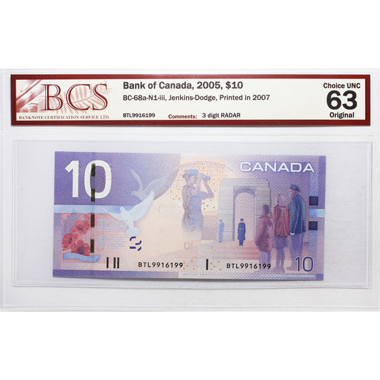 BC-68a-N1-iii 2005 Canada $10 J-D, 2007, RADAR, BTL9916199 BCS Certified CUNC63 Original