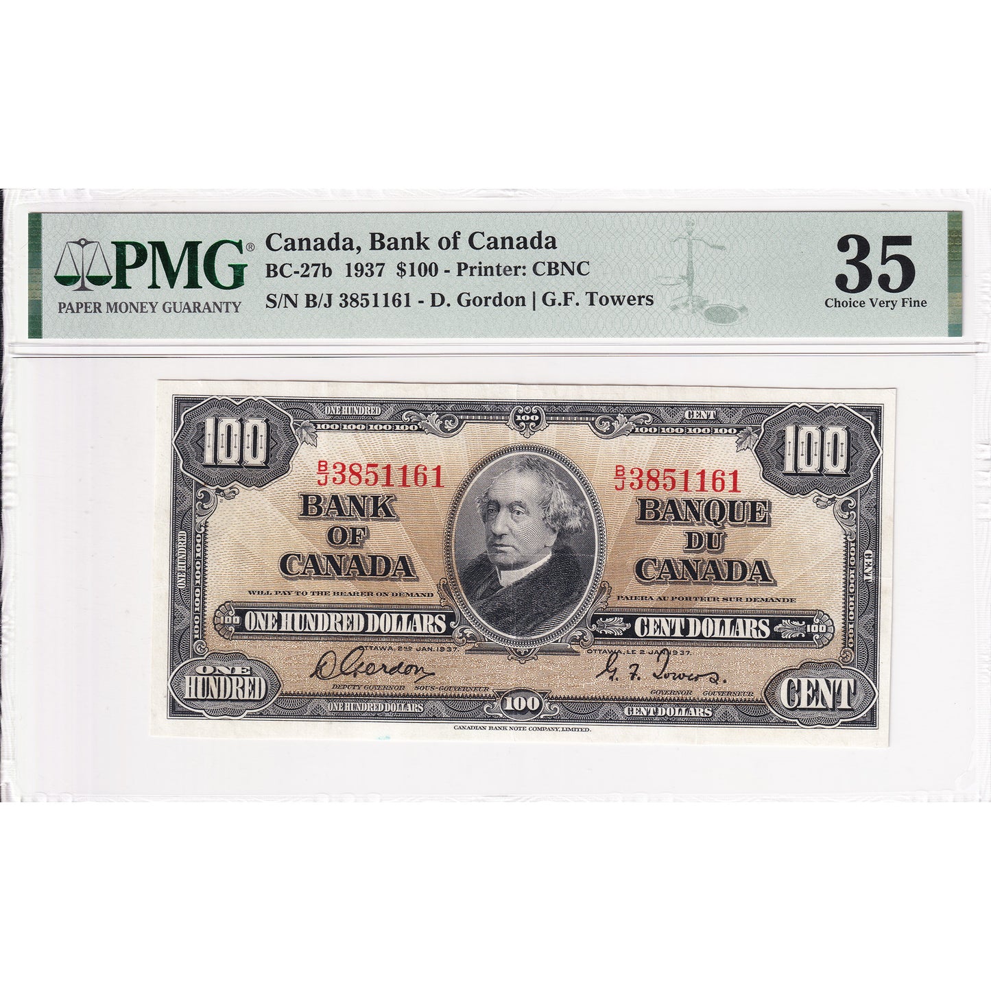 BC-27b 1937 Canada $100 Gordon-Towers, B/J PMG Certified VF-35