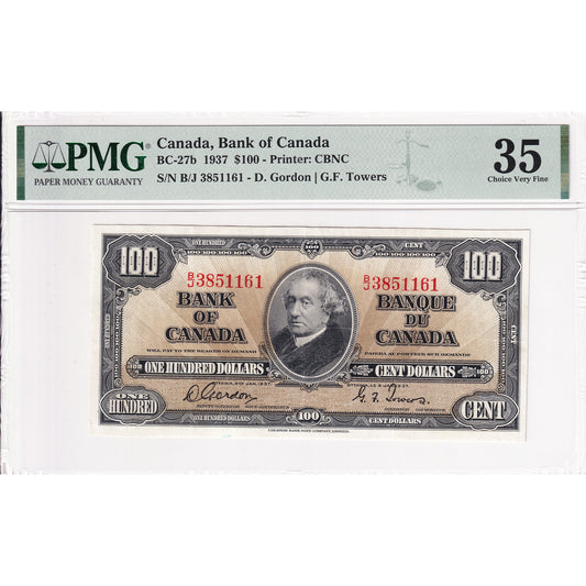 BC-27b 1937 Canada $100 Gordon-Towers, B/J PMG Certified VF-35