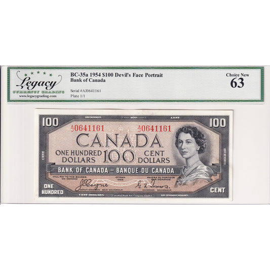 BC-35a 1954 Canada $100 Coyne-Towers, Devil's Face, A/J Legacy Certified CUNC-63