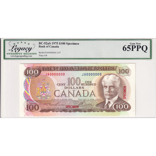 BC-52aS 1975 Canada $100 Lawson-Bouey, Specimen 237, JA Legacy Certified GUNC-65 PPQ