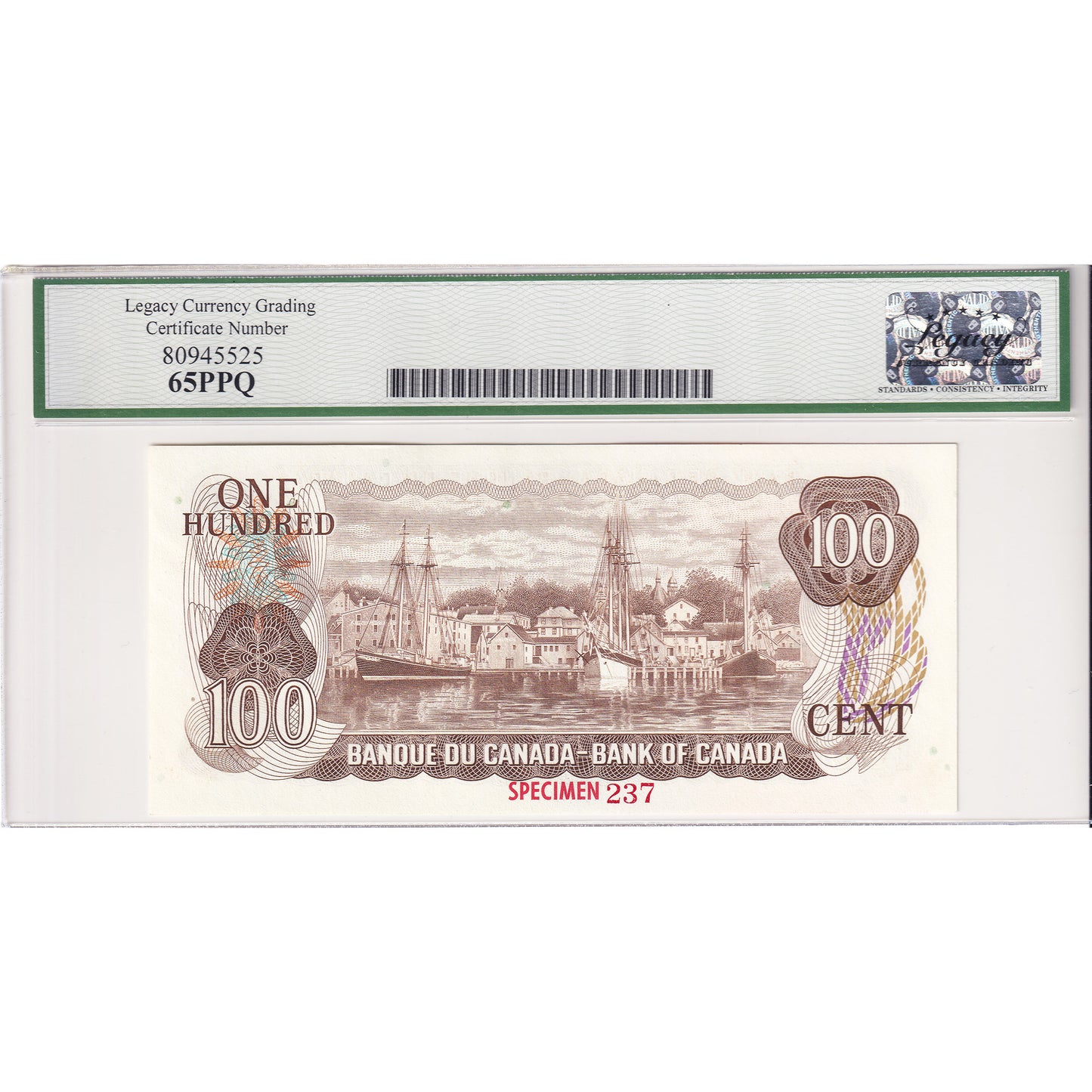 BC-52aS 1975 Canada $100 Lawson-Bouey, Specimen 237, JA Legacy Certified GUNC-65 PPQ