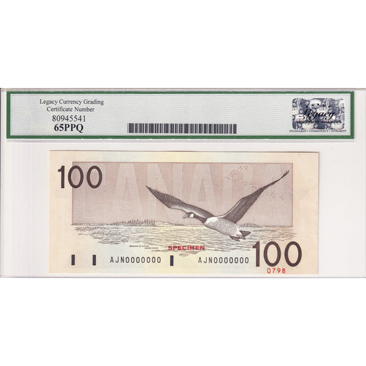 BC-60aS 1988 Canada $100 Thiessen-Crow, Specimen 0798, AJN Legacy Certified GUNC-65 PPQ