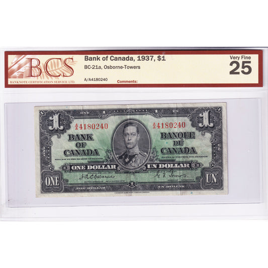 BC-21a 1937 Canada $1 Osborne-Towers, A/A BCS Certified VF25