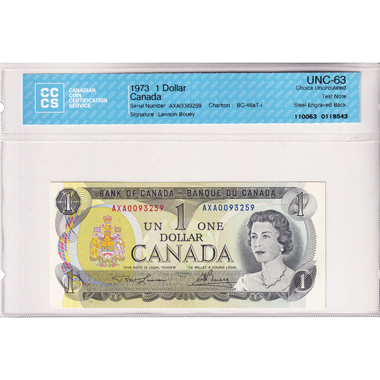 BC-46aT-i 1973 Canada $1 L-B, Test Note, Steel Engraved, AZA CCCS Certified CUNC63