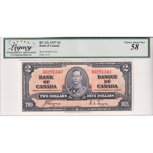 BC-22c 1937 Canada $2 Coyne-Towers, E/R Legacy Certified AU-58