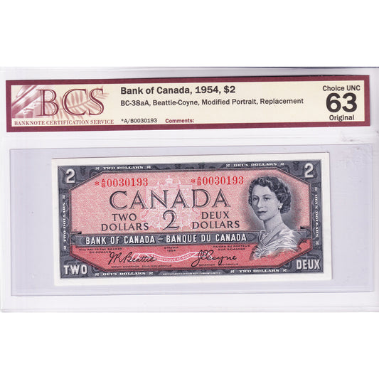 BC-38aA 1954 Canada $2 B-C, Modified, Replacement, *A/B BCS Certified CUNC-63 Original