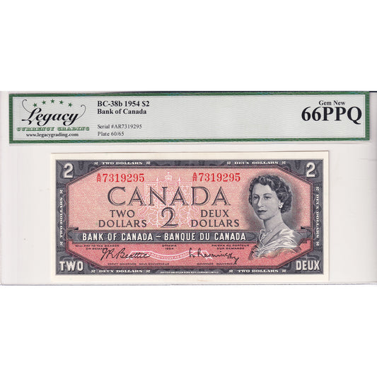 BC-38b 1954 Canada $2 Beattie-Rasminsky, Modified Portrait, A/R Legacy Cert. GUNC-66 PPQ