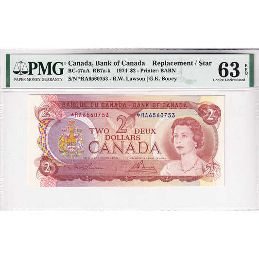 BC-47aA 1974 Canada $2 Lawson-Bouey, 2 Letter, Replacement, *RA PMG Cert. CUNC-63 EPQ
