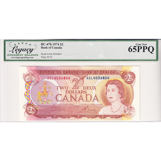 BC-47b 1974 Canada $2 Crow-Bouey, AGL Legacy Certified GUNC-65 PPQ