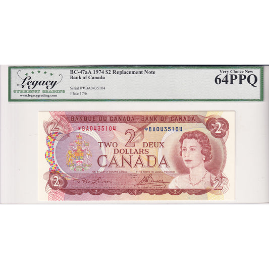 BC-47aA 1974 Canada $2 Lawson-Bouey, 2 Letter, Replacement, *BA Legacy Cert. CUNC-64 PPQ