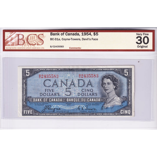 BC-31a 1954 Canada $5 Coyne-Towers, Devil's Face, B/C BCS Certified VF-30 Original