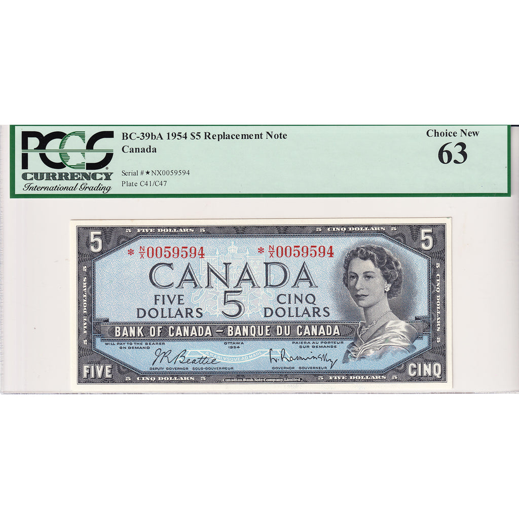 BC-39bA 1954 Canada $5 Beattie-Rasminsky, Modified, Replacement, *N/X PCGS Cert. CUNC63