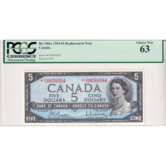BC-39bA 1954 Canada $5 Beattie-Rasminsky, Modified, Replacement, *N/X PCGS Cert. CUNC-63