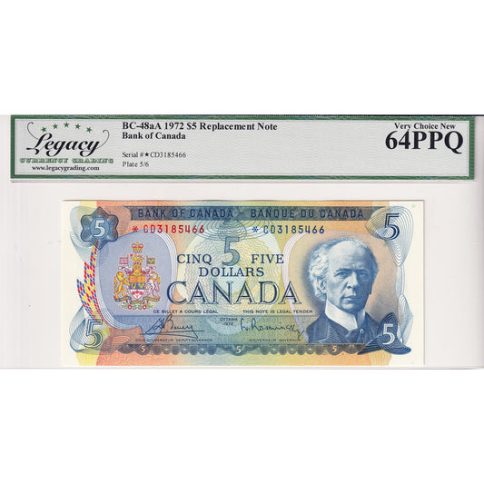 BC-48aA 1972 Canada $5 Bouey-Rasminsky, Replacement, *CD Legacy Certified CUNC-64 PPQ