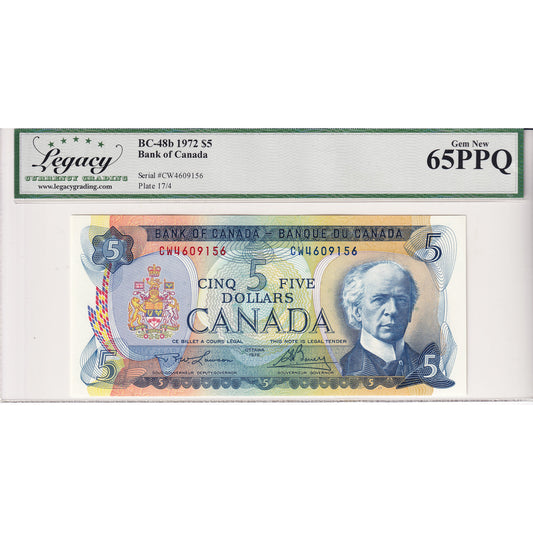 BC-48b 1972 Canada $5 Lawson-Bouey, CQ, Legacy Certified GUNC-65 PPQ