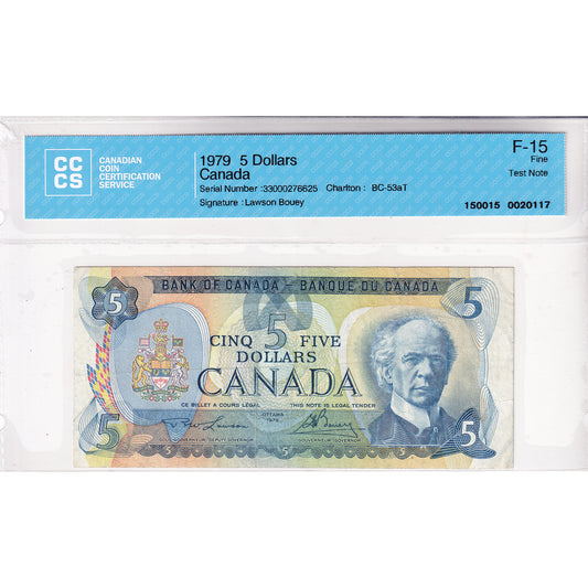 BC-53aT 1979 Canada $5 Lawson-Bouey, Test Note, 300 CCCS Certified F-15