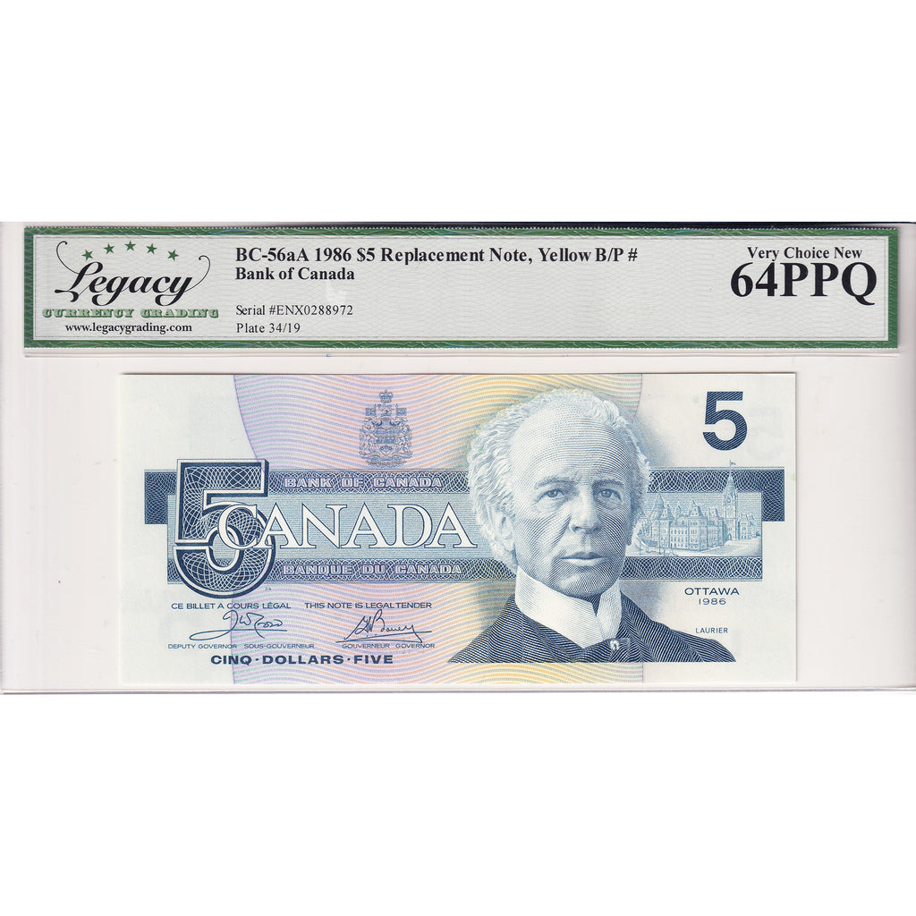 BC-56aA 1986 Canada $5 Crow-Bouey, Replacement, ENX w/ YBPN Legacy Certified CUNC64 PPQ