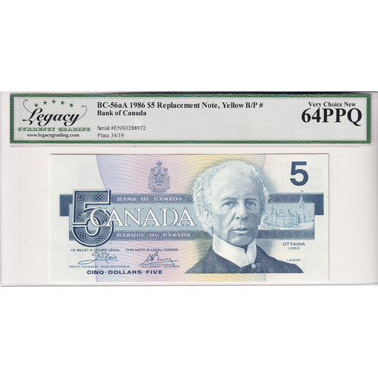 BC-56aA 1986 Canada $5 Crow-Bouey, Replacement, ENX w/ YBPN Legacy Certified CUNC-64 PPQ