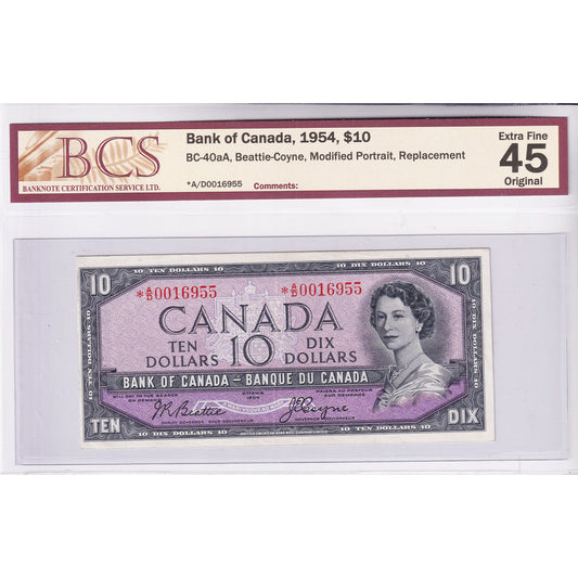 BC-40aA 1954 Canada $10 Beattie-Coyne, Modified, Replacement, *A/D BCS Cert. EF-45 Orig.