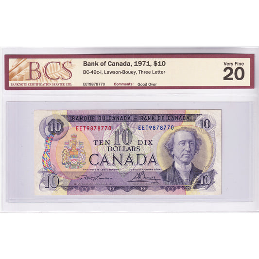 BC-49c-i 1971 Canada $10 Lawson-Bouey, Three Letter, "Good Over", EET BCS Certified VF-20