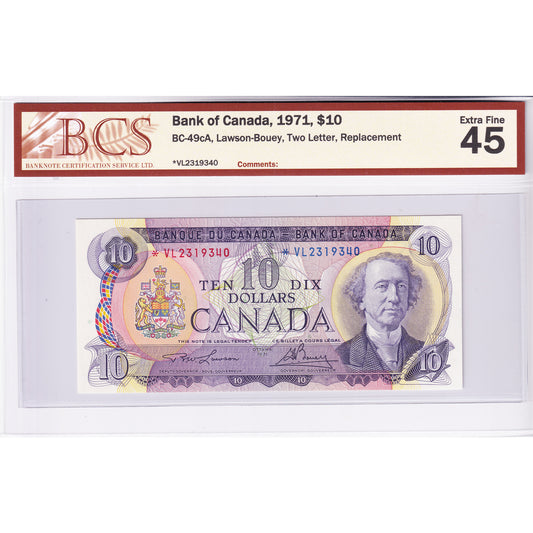 BC-49cA 1971 Canada $10 Lawson-Bouey, Two Letter, Replacement, *VL BCS Certified EF-45